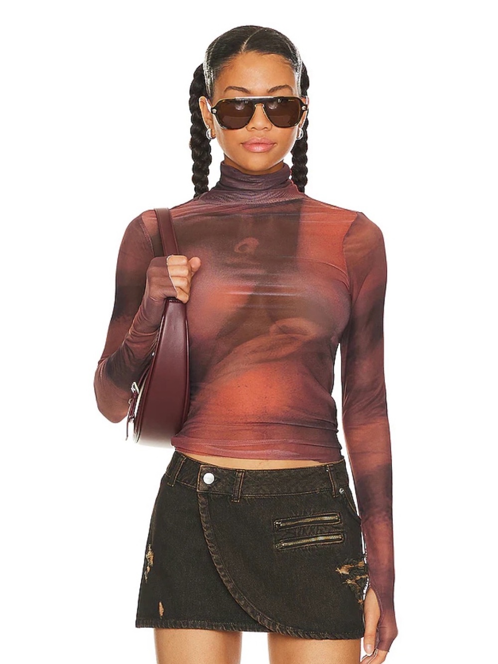 AFRM Zadie Sheer Mock Neck Long Sleeve Top in Sienna Portrait